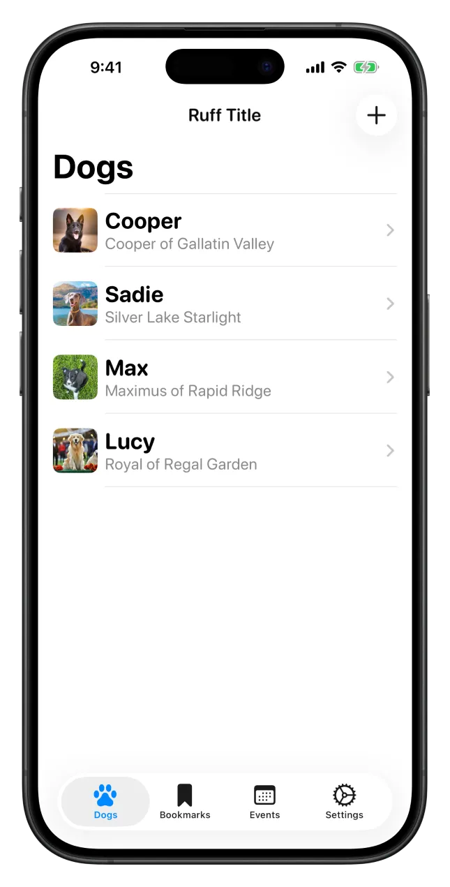 An iPhone showing a list of dogs in the Ruff Title app.