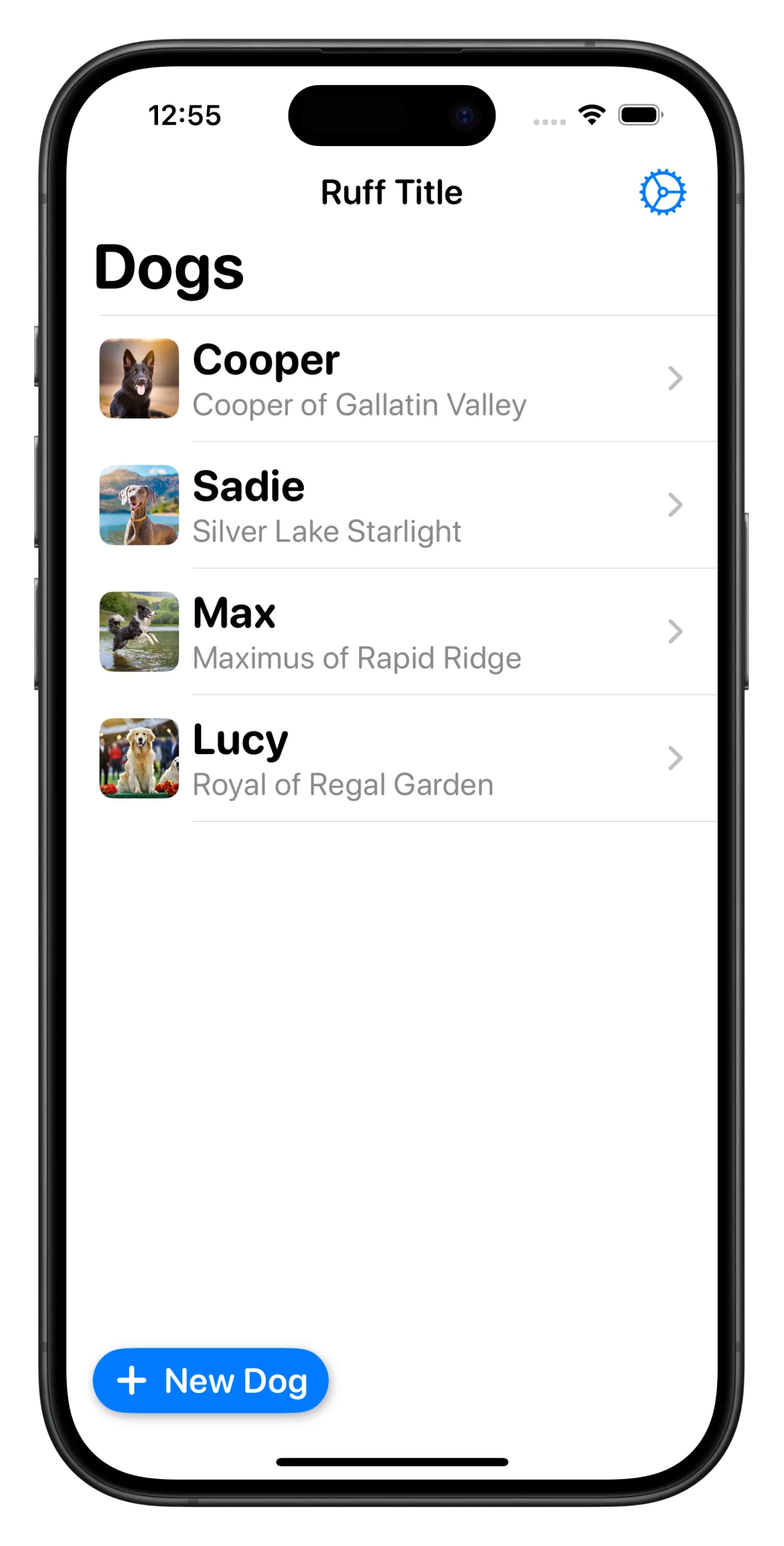 An iPhone showing a list of dogs in the Ruff Title app.