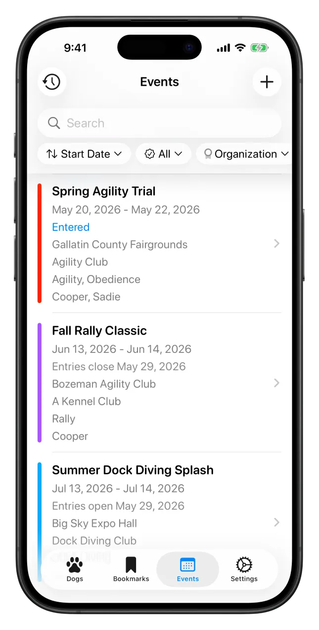 An iPhone showing upcoming events in the Ruff Title app.