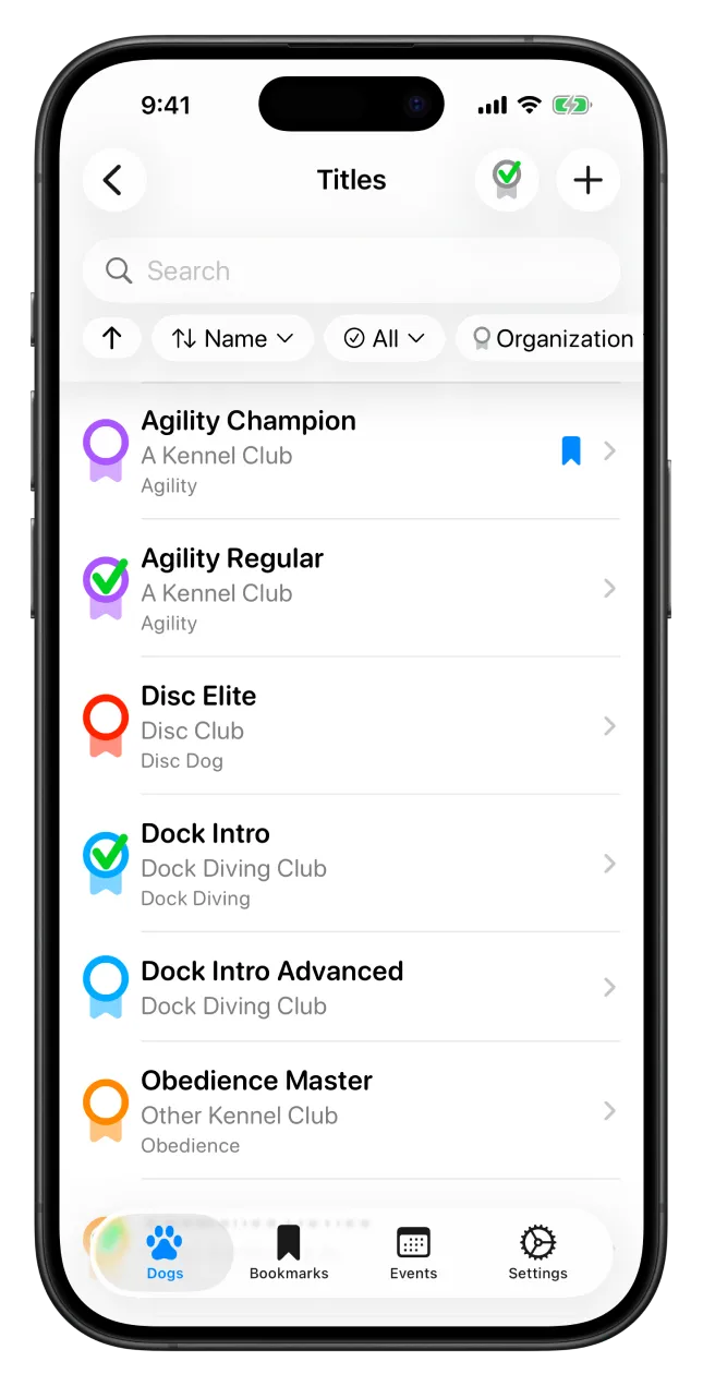 An iPhone showing a list of titles in the Ruff Title app.