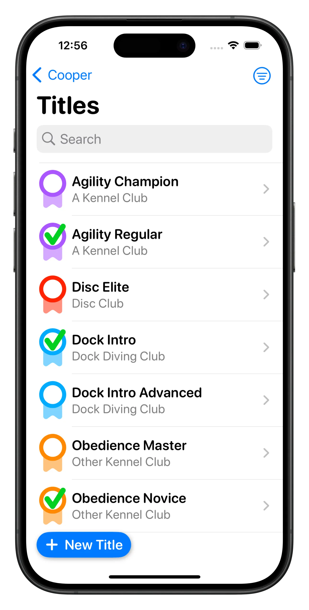 An iPhone showing a list of titles in the Ruff Title app.