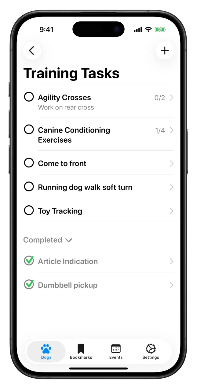 An iPhone showing a list of training tasks in the Ruff Title app.